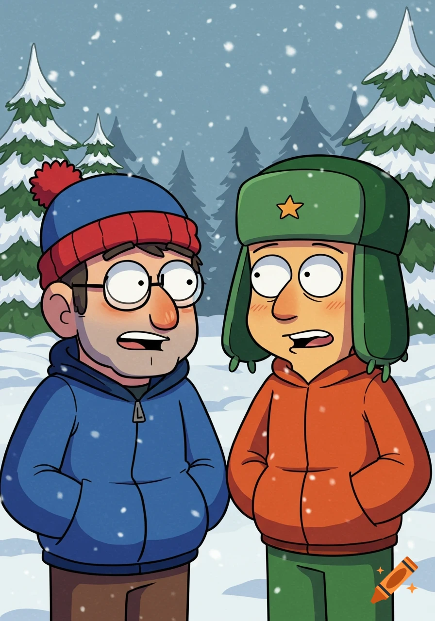Two cartoon characters, resembling Stan and Kyle, stand in a snowy forest, looking at each other with surprised expressions.