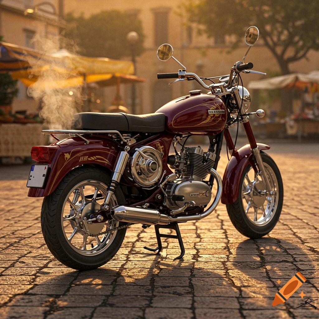 A maroon vintage motorcycle with chrome accents parked on a cobblestone street in a sunny marketplace at golden hour, with slight smoke from the exhaust.