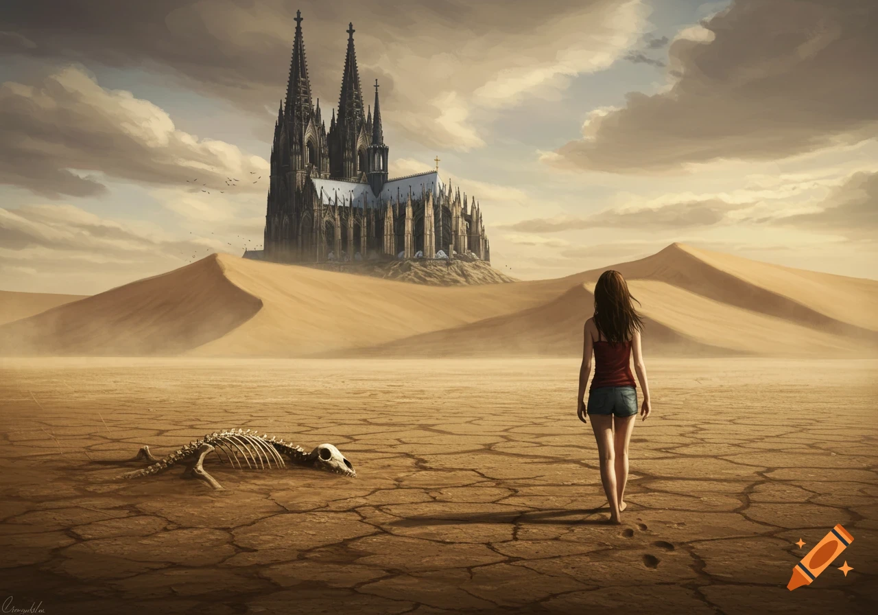 A woman walks barefoot across a cracked desert toward a gothic cathedral among sand dunes, past a dog skeleton.