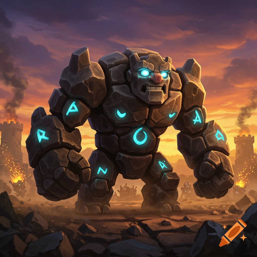 A stylized, muscular rock golem with glowing blue-green eyes and symbols on its body, standing in a rocky landscape under an orange sunset sky with burning structures in the background.