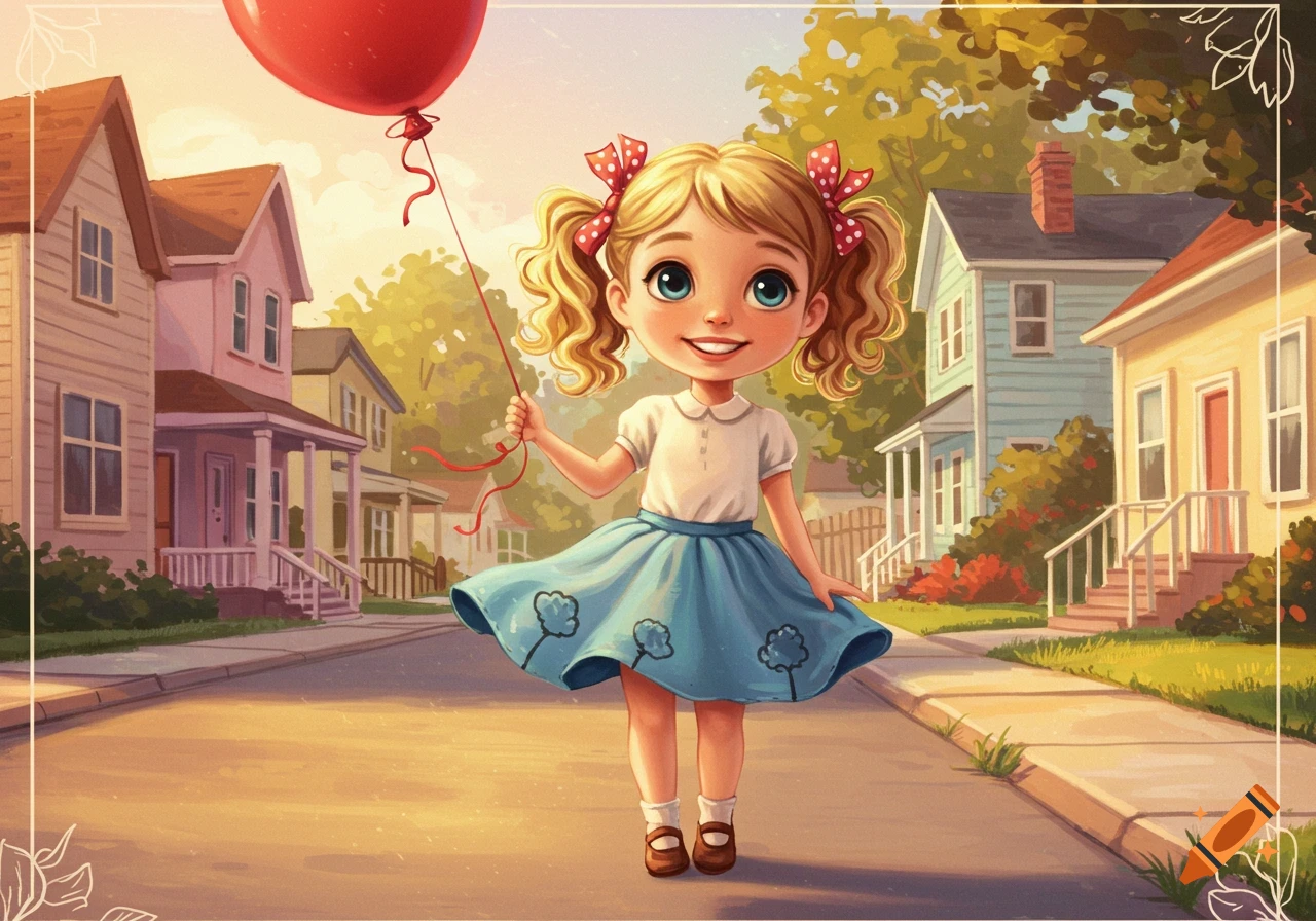 A cute cartoon girl with pigtails and a blue skirt smiles while holding a red balloon on a sunny suburban street.