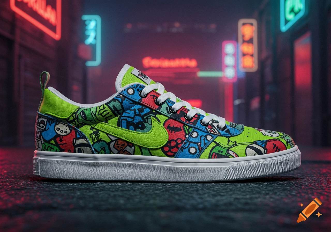 A vibrant green sneaker with colorful, cartoonish doodles sits on a dark street, illuminated by neon signs in a cyberpunk city background.