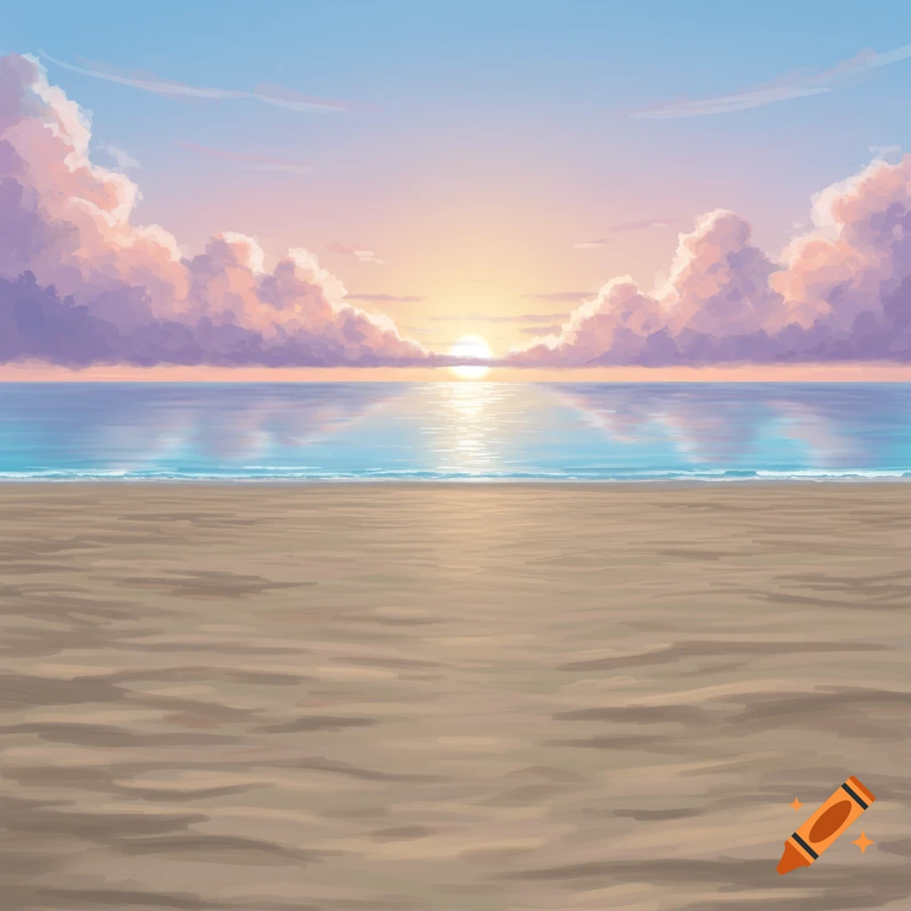 Stylized illustration of a tranquil sunset over the ocean from a sandy beach, with colorful clouds.