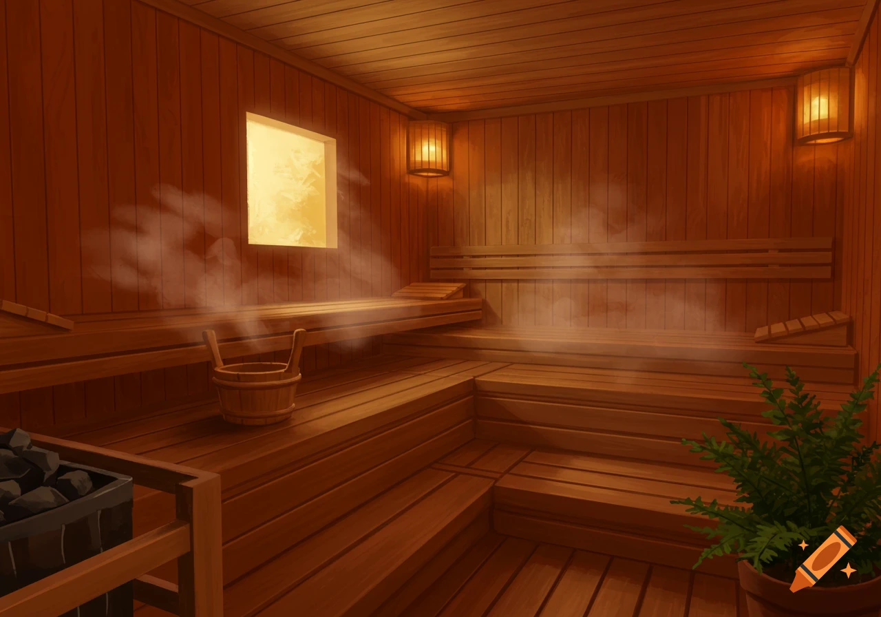 Steamy wooden sauna interior with benches, a bucket, a plant, and glowing lights.