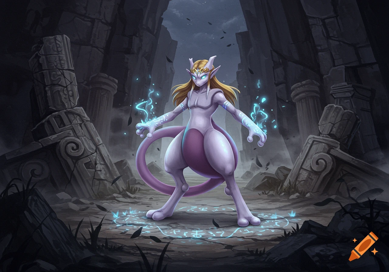 Mewtwo with long blonde hair and elven ears stands among ancient ruins, glowing with blue magic.