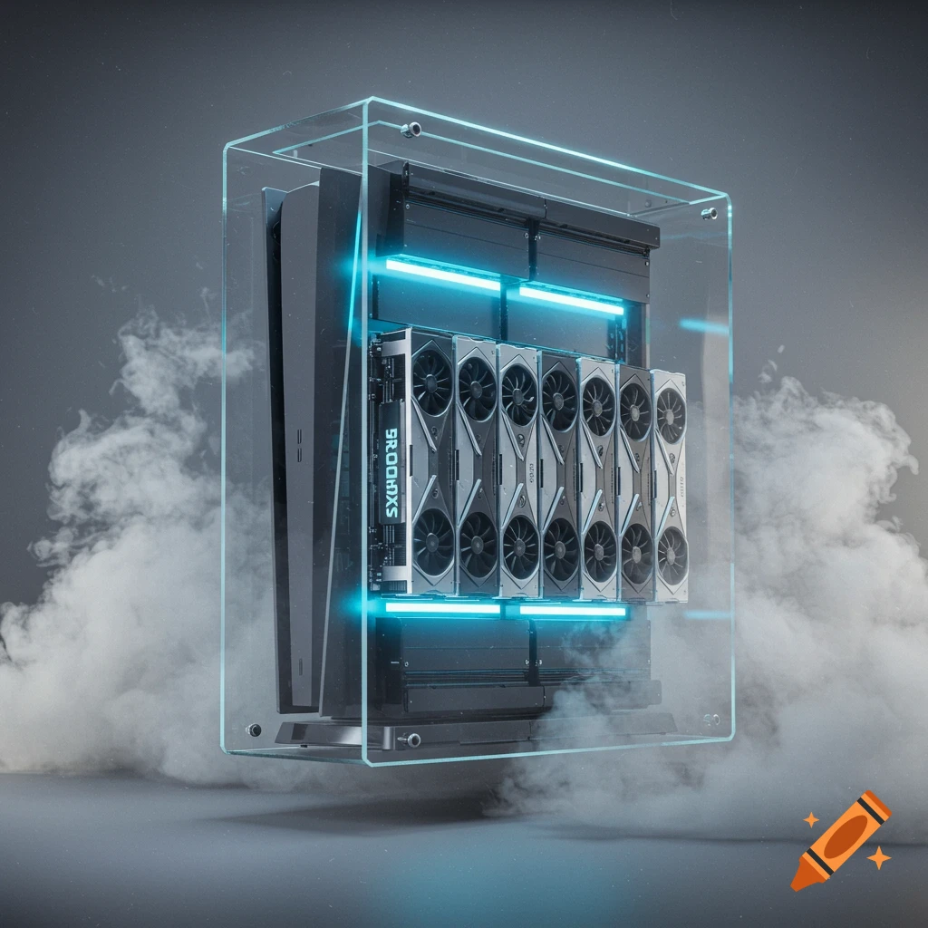 A transparent computer case with a console-like device and multiple GPUs inside, glowing with blue light and surrounded by smoke.