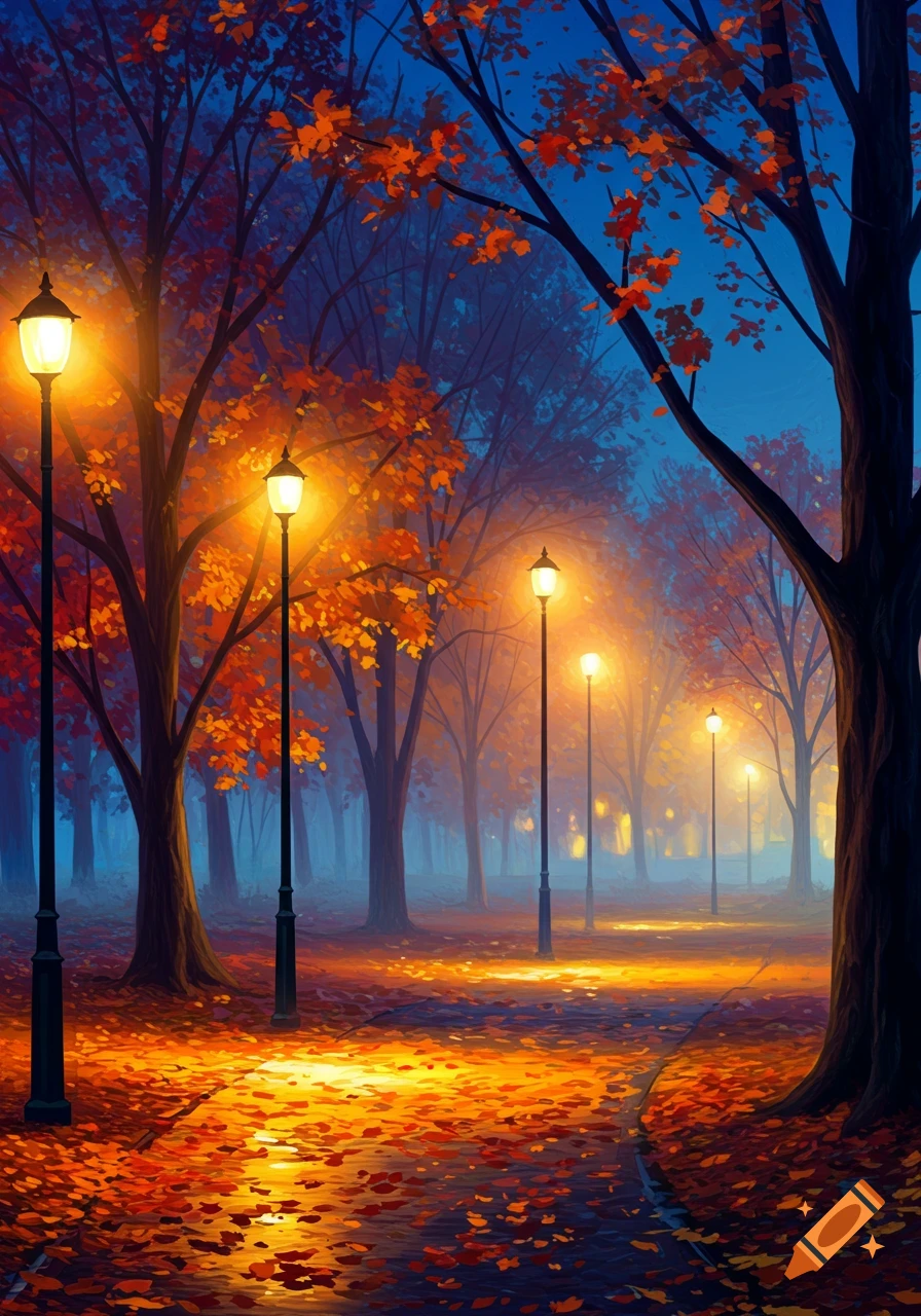 Vibrant autumn park scene at dusk with glowing streetlights illuminating colorful fallen leaves on a winding path.