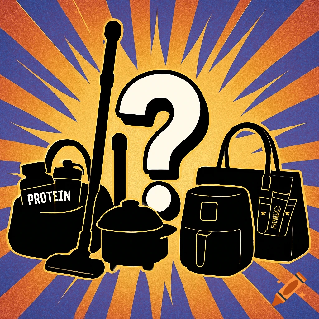Pop-art illustration of black silhouettes including a vacuum, gym bag, air fryer, and handbag, with a large white question mark, on a purple and orange burst background.