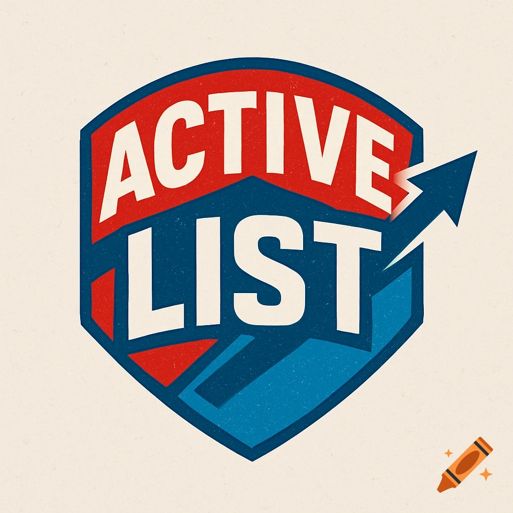 A red and blue shield logo with white text 'ACTIVE LIST' and an upward-pointing arrow, in a distressed style.