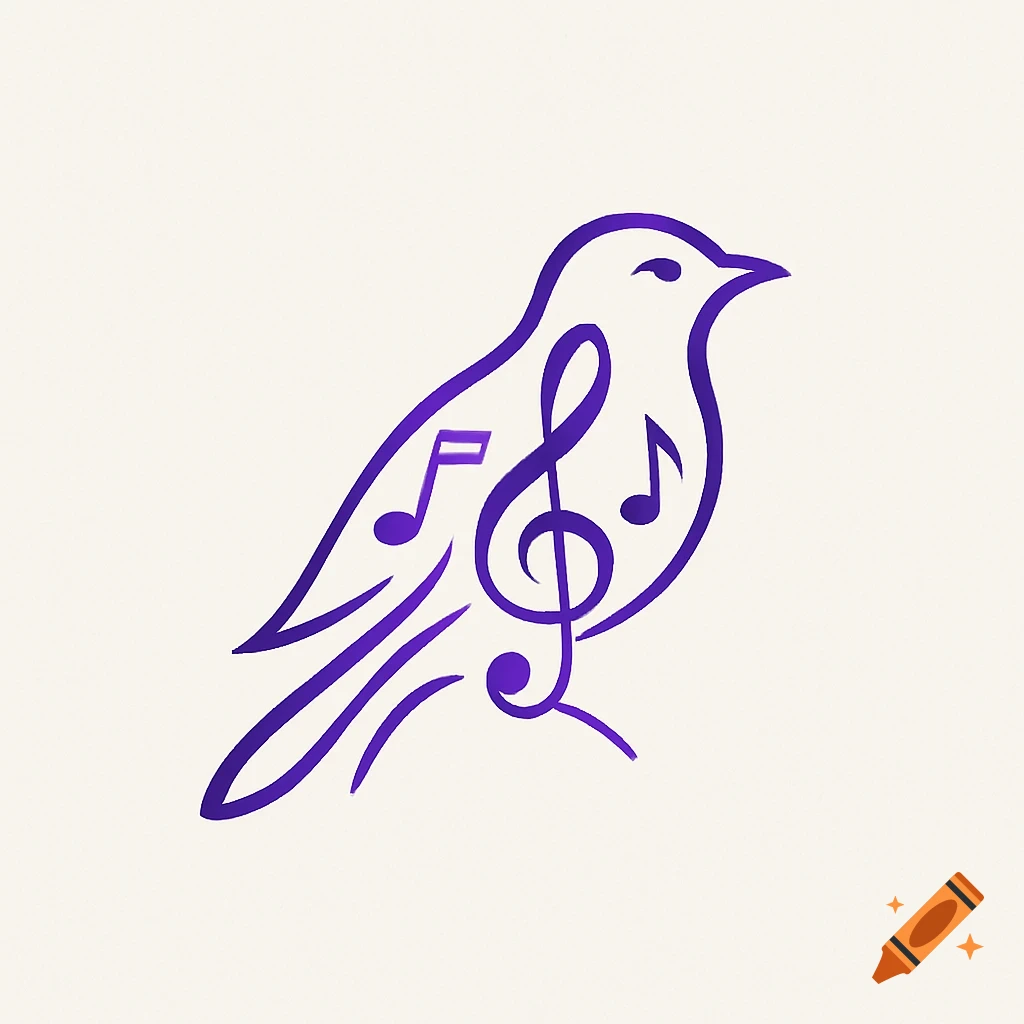 Purple outline of a bird with a treble clef and musical notes inside, a simple logo design.