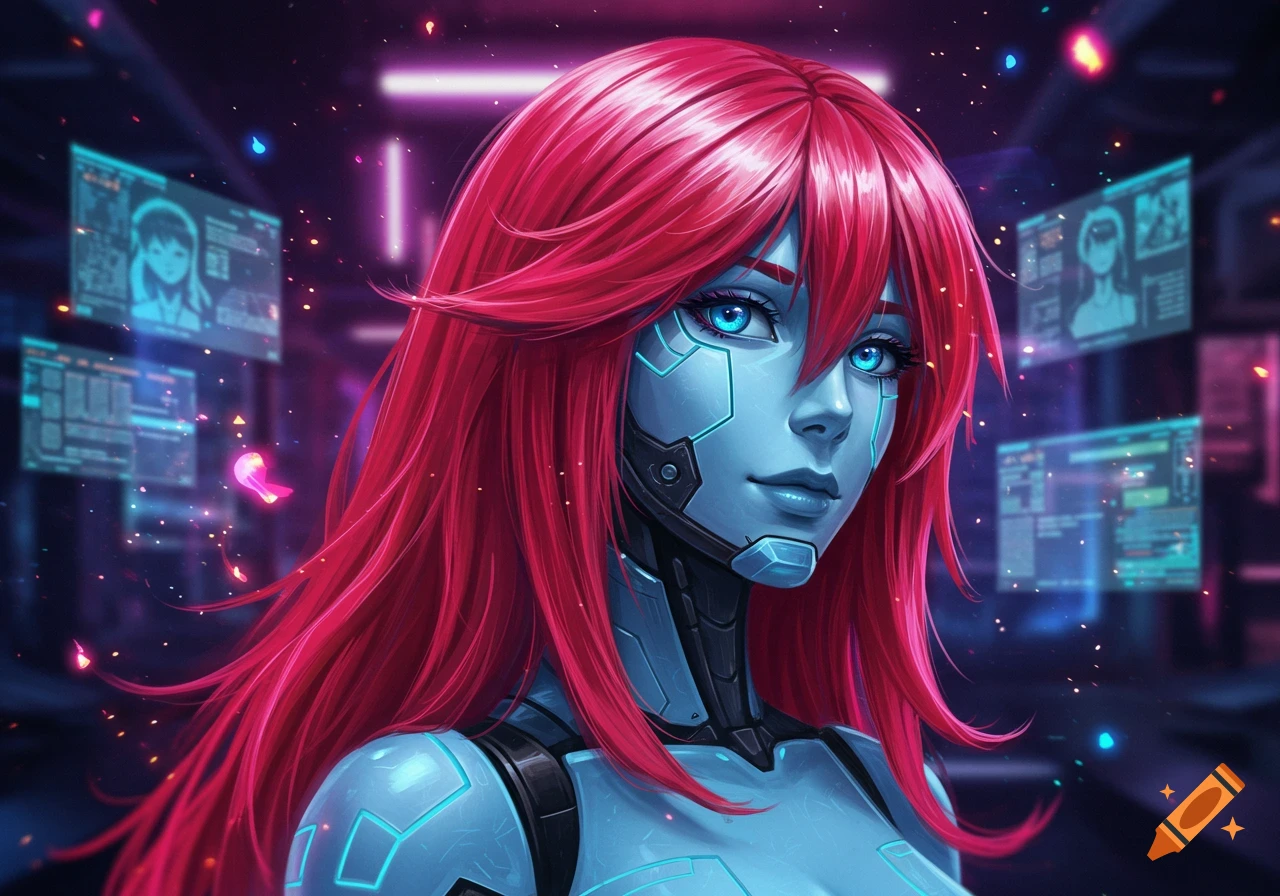 A blue robot woman with long pink hair and glowing blue eyes, set against a futuristic, neon-lit background with holographic screens.