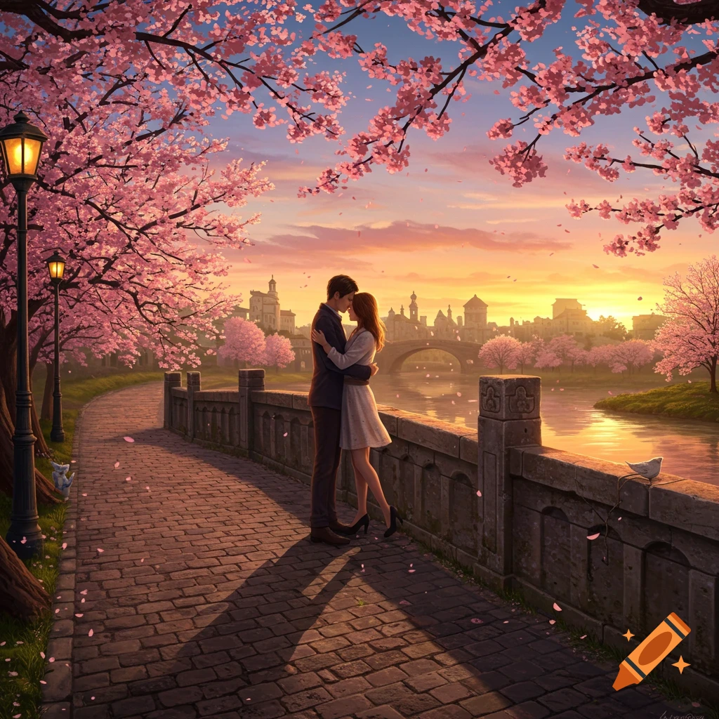 A couple embraces under blooming cherry blossom trees on a riverside path at sunset, with a city skyline in the background, in a detailed digital painting.
