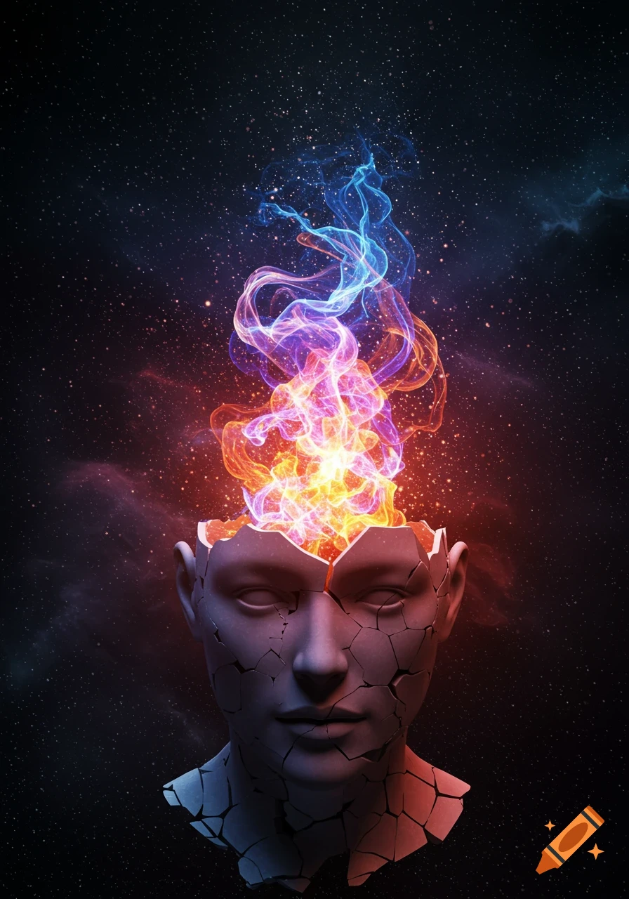 A cracked, grey human head sculpture with vibrant red, orange, and blue flames and smoke rising from its top against a starry cosmic background.