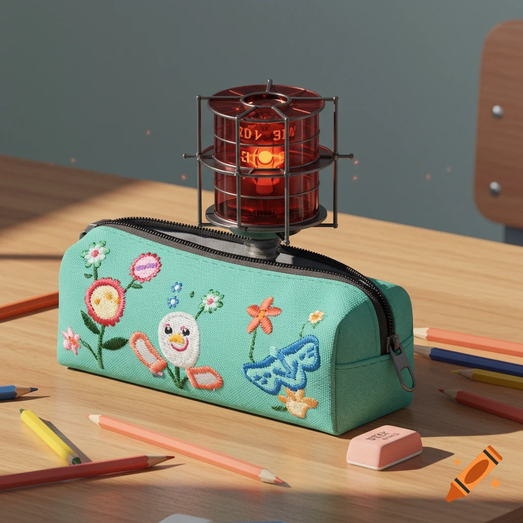 An embroidered teal pencil case with a duck and flowers sits on a wooden desk. A red lantern-style siren rests on top of the pencil case. Scattered pencils and a pink eraser are around it.