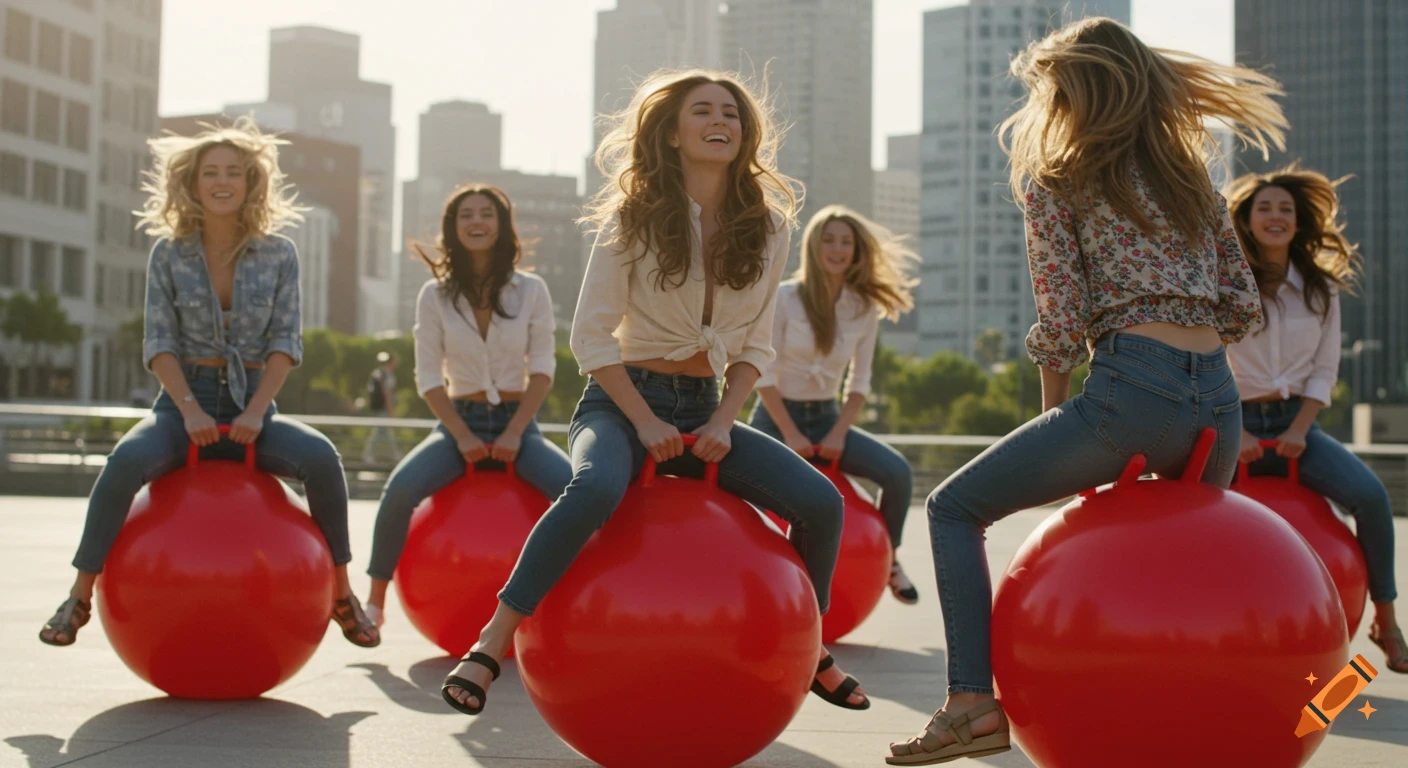 Six young women in fashion clothes and jeans happily bounce on giant red hopper balls in an urban setting.