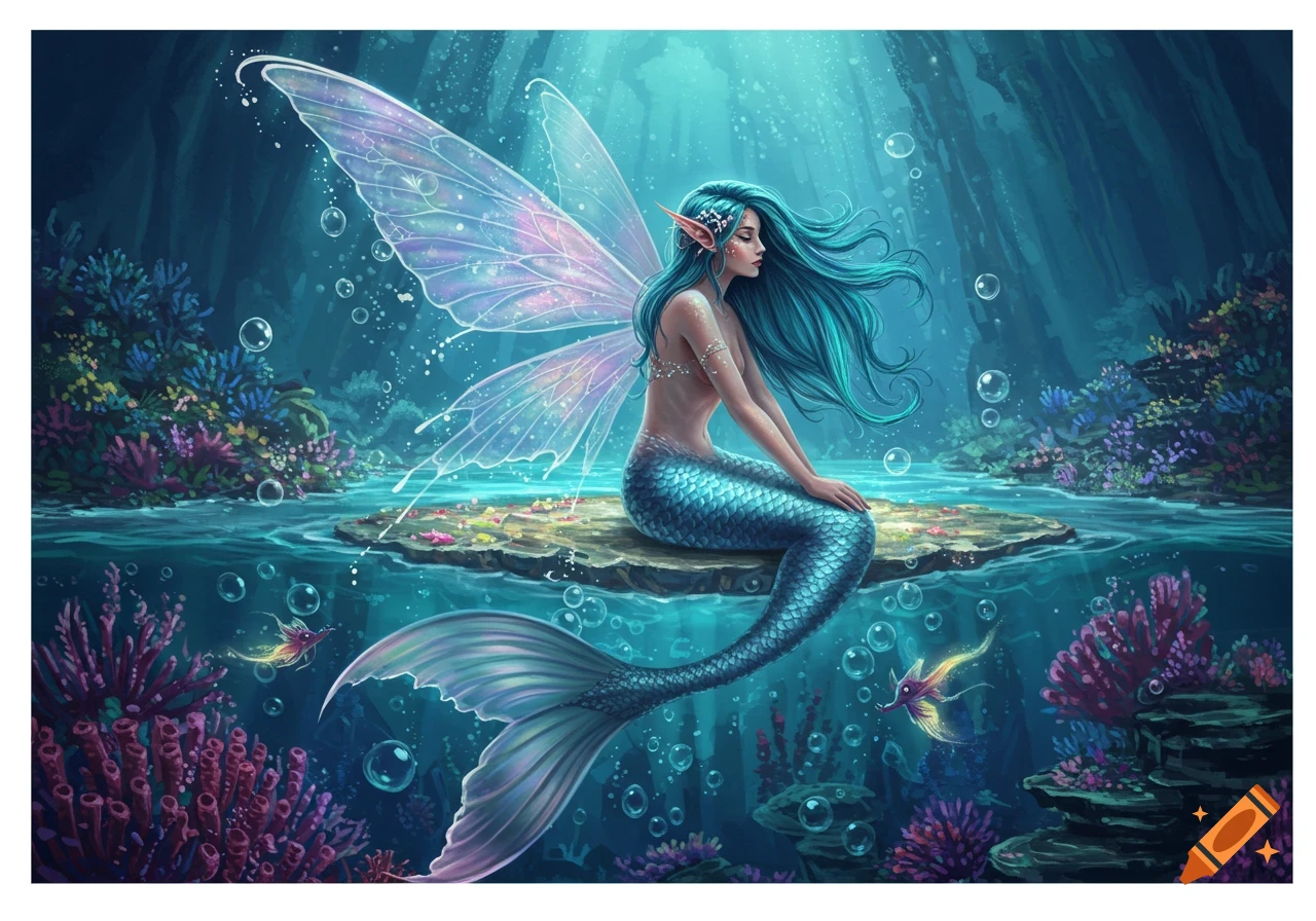 A winged mermaid with teal hair and scales sits on a rock in a vibrant underwater fantasy scene with coral and bubbles, digital art.