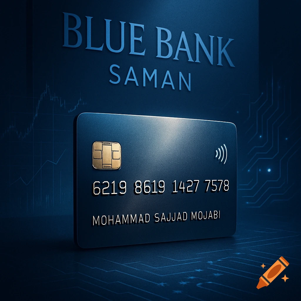 A dark blue credit card with gold chip and contactless symbol, displaying "BLUE BANK SAMAN", card number 6219 8619 1427 7578, and name MOHAMMAD SAJJAD MOJABI on a matching blue background with digital patterns.