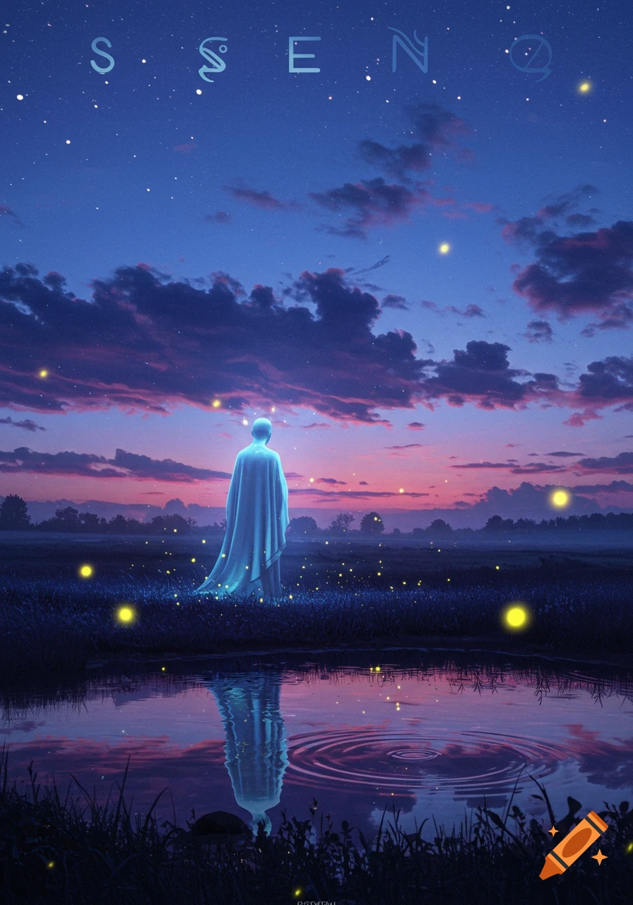 Ethereal figure in a white cloak stands in a bioluminescent field reflecting in water under a star-filled twilight sky with pink clouds.