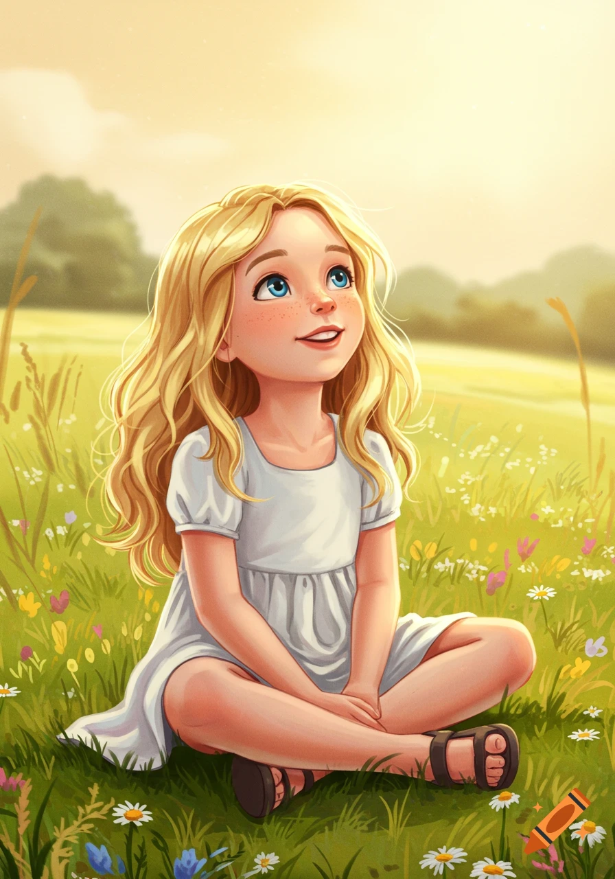 Cheerful blonde girl in white dress sitting in a sunny wildflower field, looking up. Digital illustration.