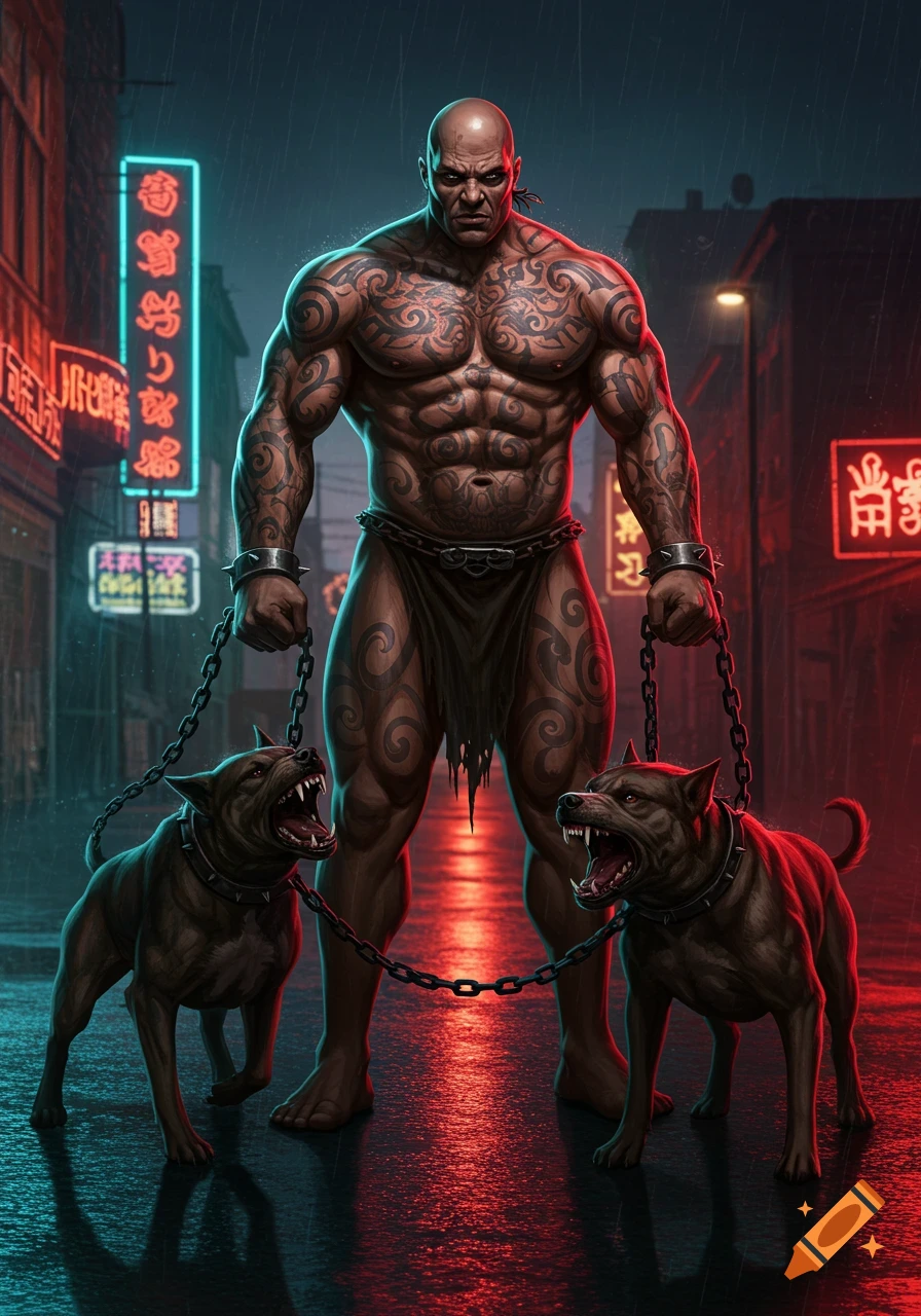 A muscular, bald, heavily tattooed man in a loincloth holds two snarling dogs on chains in a neon-lit, rainy urban street.
