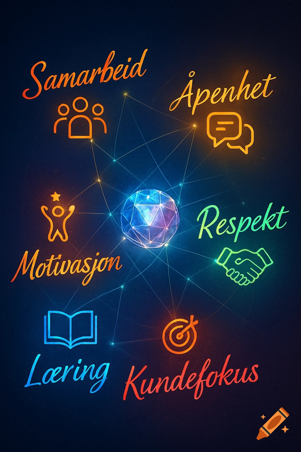 A conceptual diagram with glowing words and icons like collaboration, openness, and respect, linked to a central faceted sphere.