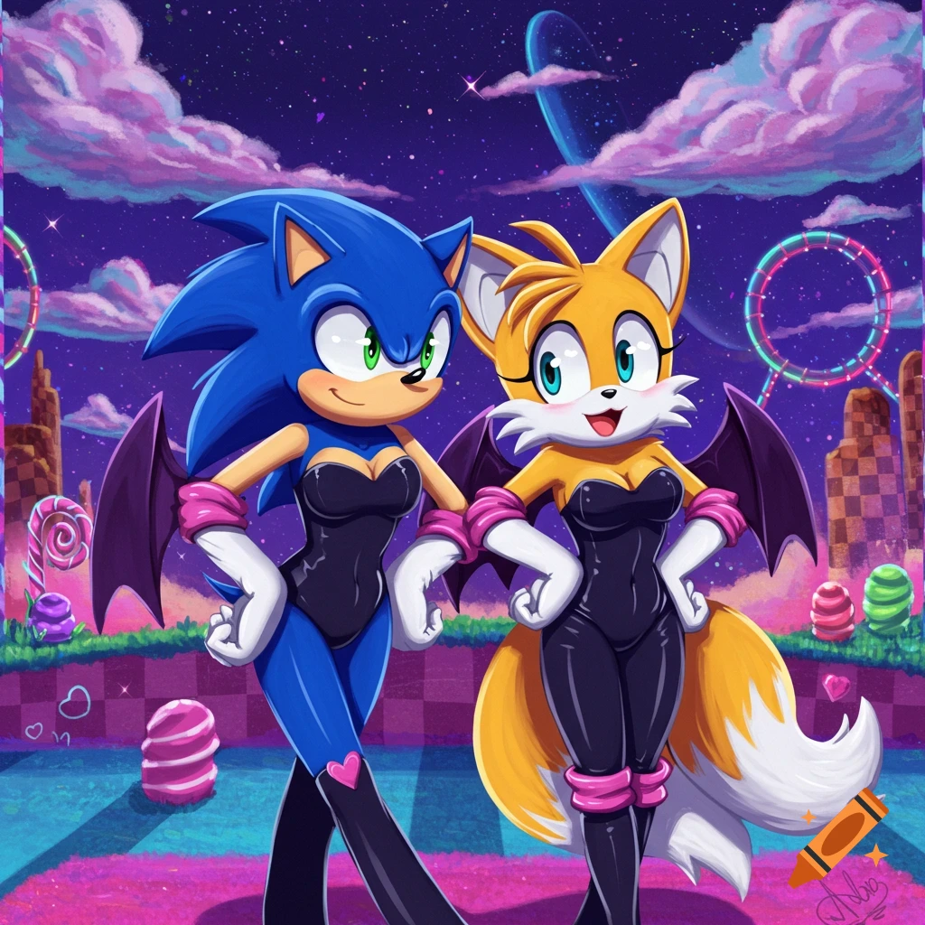 Sonic and Tails wear black bodysuits and bat wings in a vibrant, starry, space carnival scene.