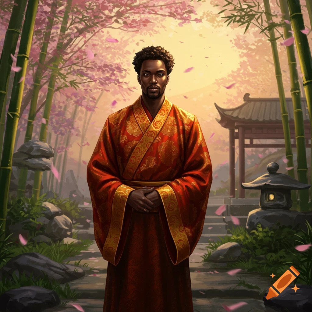 A Black man in a red and gold traditional robe stands in a vibrant Japanese garden with bamboo and cherry blossoms.