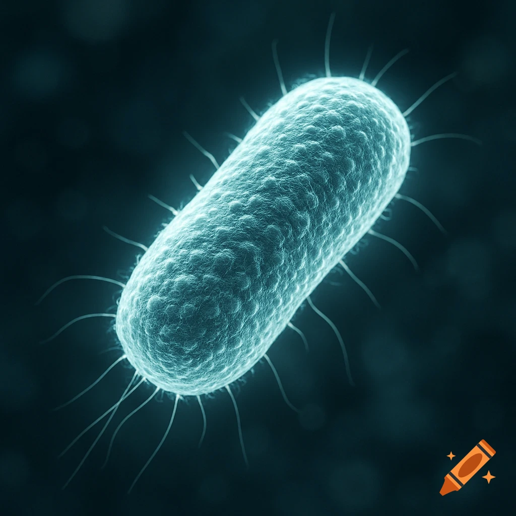 A magnified, glowing teal-blue rod-shaped bacterium with filamentous appendages against a dark, blurry background.