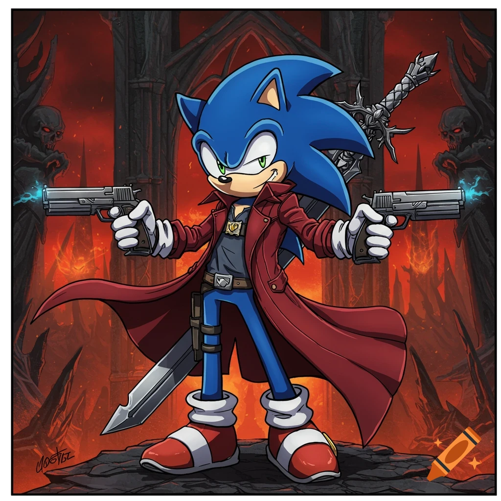 Sonic the Hedgehog dressed as Dante from Devil May Cry, holding pistols and a sword, in a hellish Gothic cartoon setting.