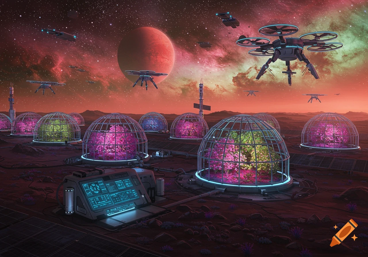 A futuristic space farm on a red planet, with biodomes, glowing plants, several flying drones, and a detailed control console.