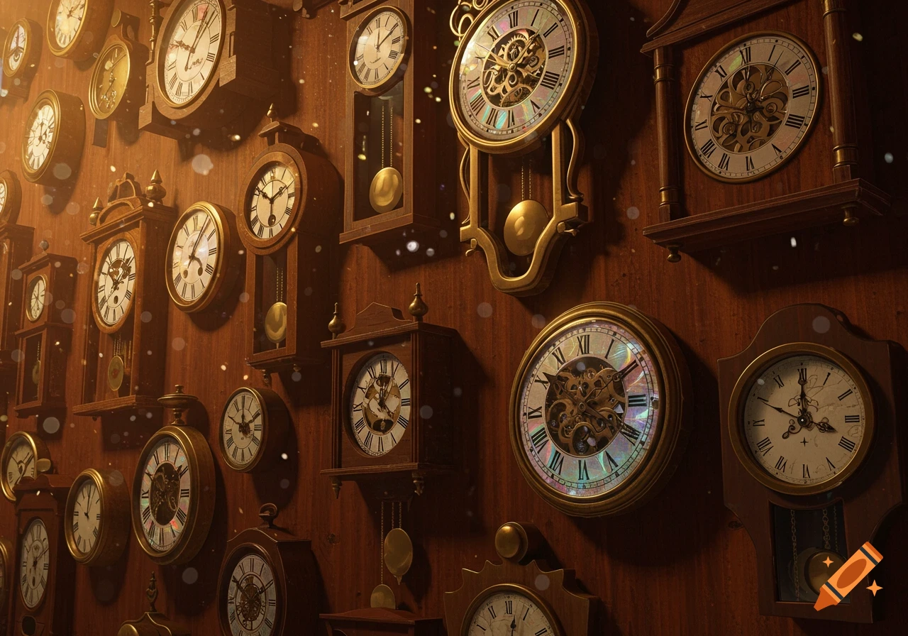 A fantastic wall covered with many antique and ornate clocks of various sizes and designs, some with exposed gears and golden pendulums. Soft, magical light particles float in the air.