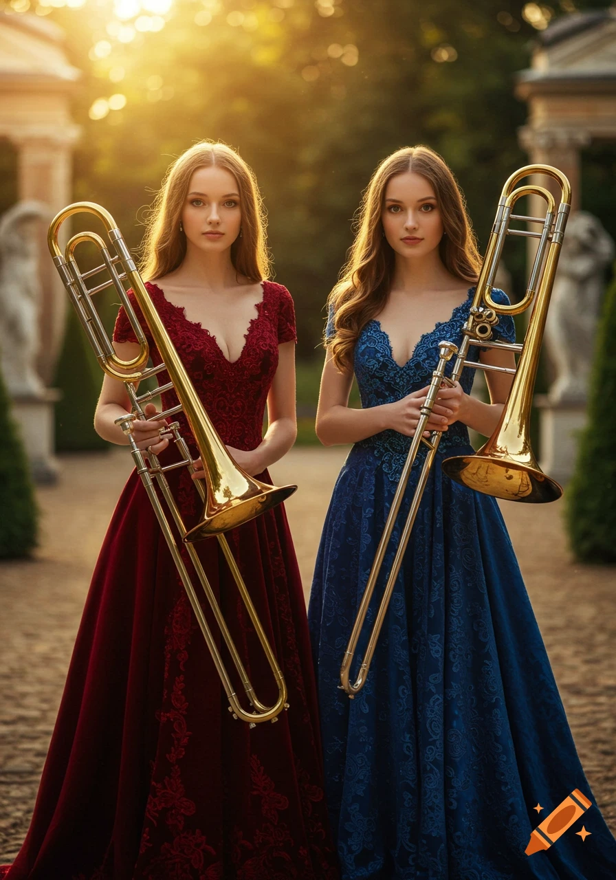Two women in elaborate ball gowns pose with large trombones in a sunlit garden.