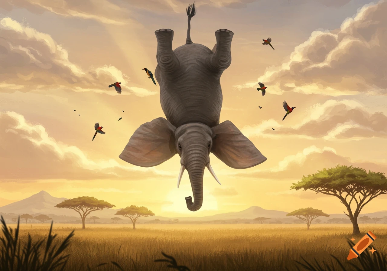 An upside-down elephant flies through a golden sunset savanna with birds, surrounded by acacia trees and mountains.
