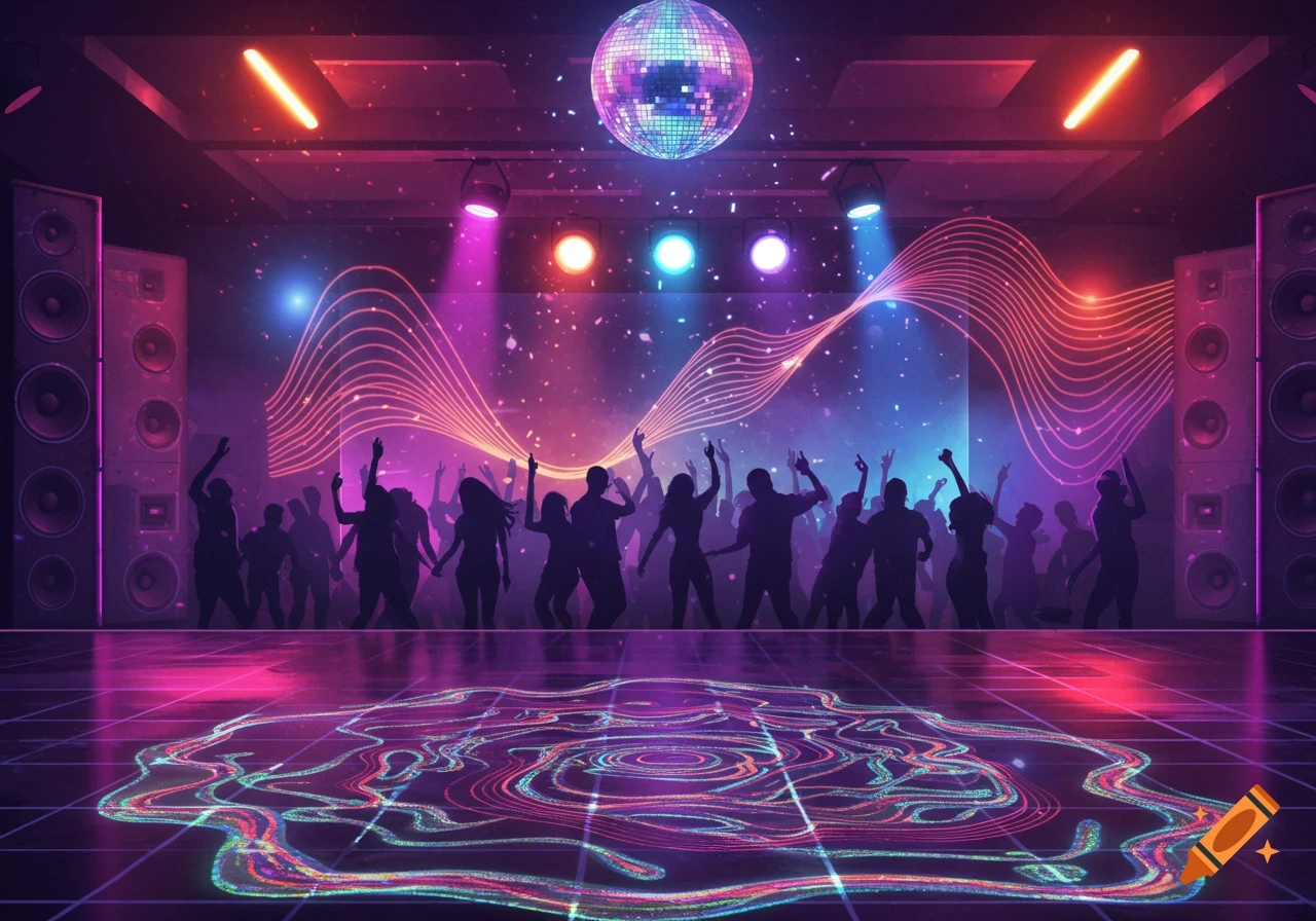 Silhouettes of people dancing in a vibrant neon-lit disco with a spinning disco ball and glowing floor patterns.