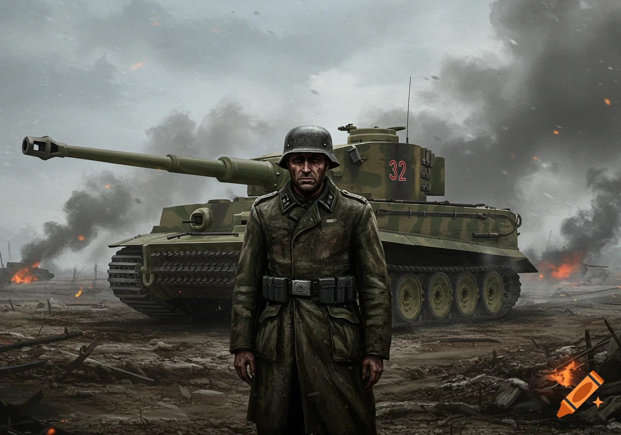 A stoic German soldier in a long coat stands before a Tiger I tank on a war-torn battlefield, amidst smoke and fires, in a digital painting.