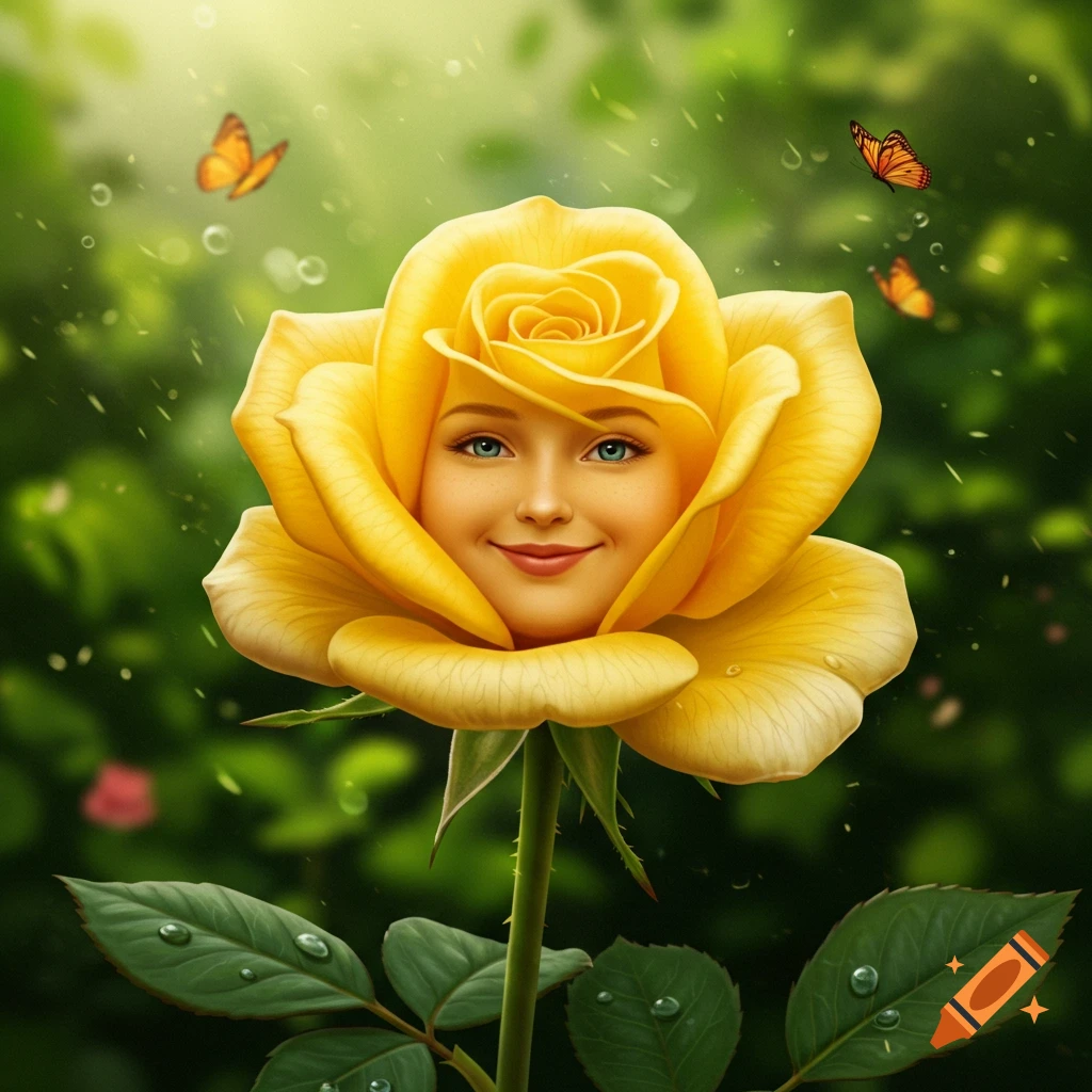 A vibrant yellow rose with a smiling woman's face, surrounded by green foliage, water droplets, and orange butterflies in a sunny garden.
