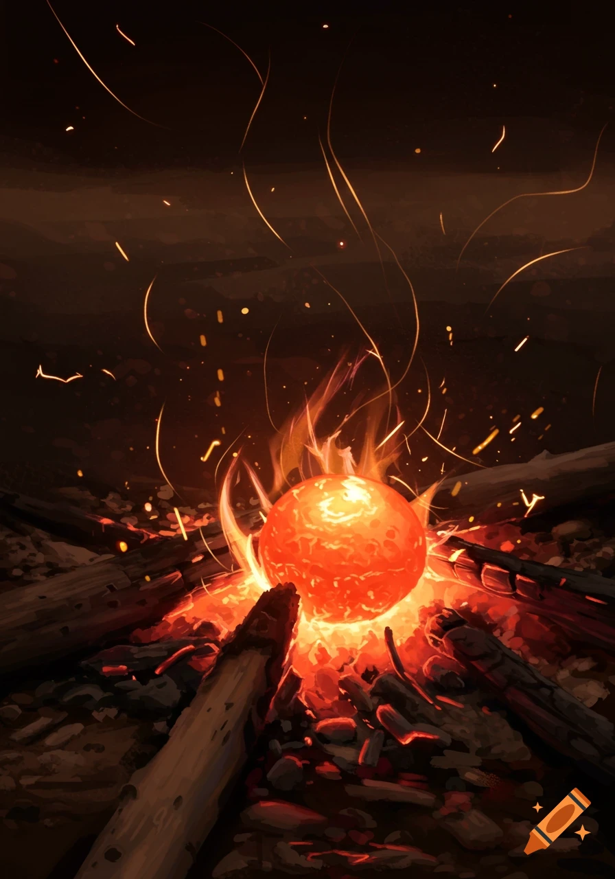 A vibrant illustration of a glowing orange ember in a bonfire, surrounded by flames, burning wood, and flying sparks.