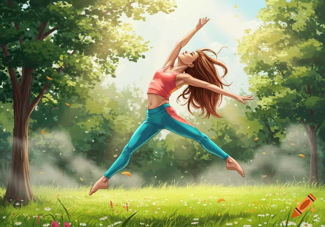 Illustrated girl in activewear leaping in a sunny park with trees and wildflowers.