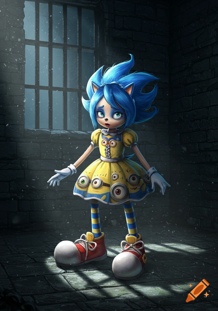 A cartoon character with Sonic's blue quills, a yellow Minion-inspired dress, striped socks, and large red shoes, stands in a dark prison cell.