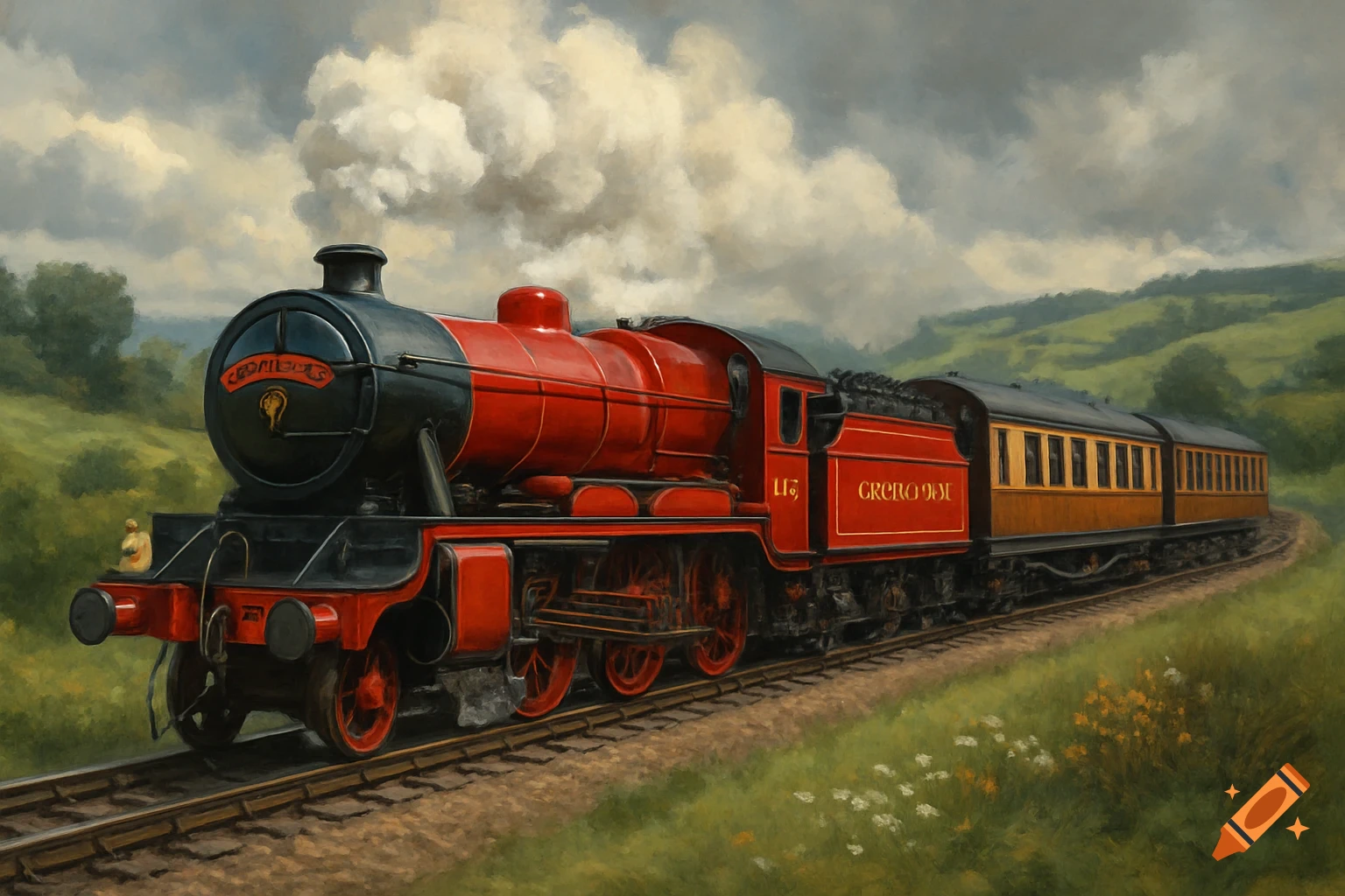 A red and black steam train travels through a lush green countryside under a cloudy sky, in a painterly style.