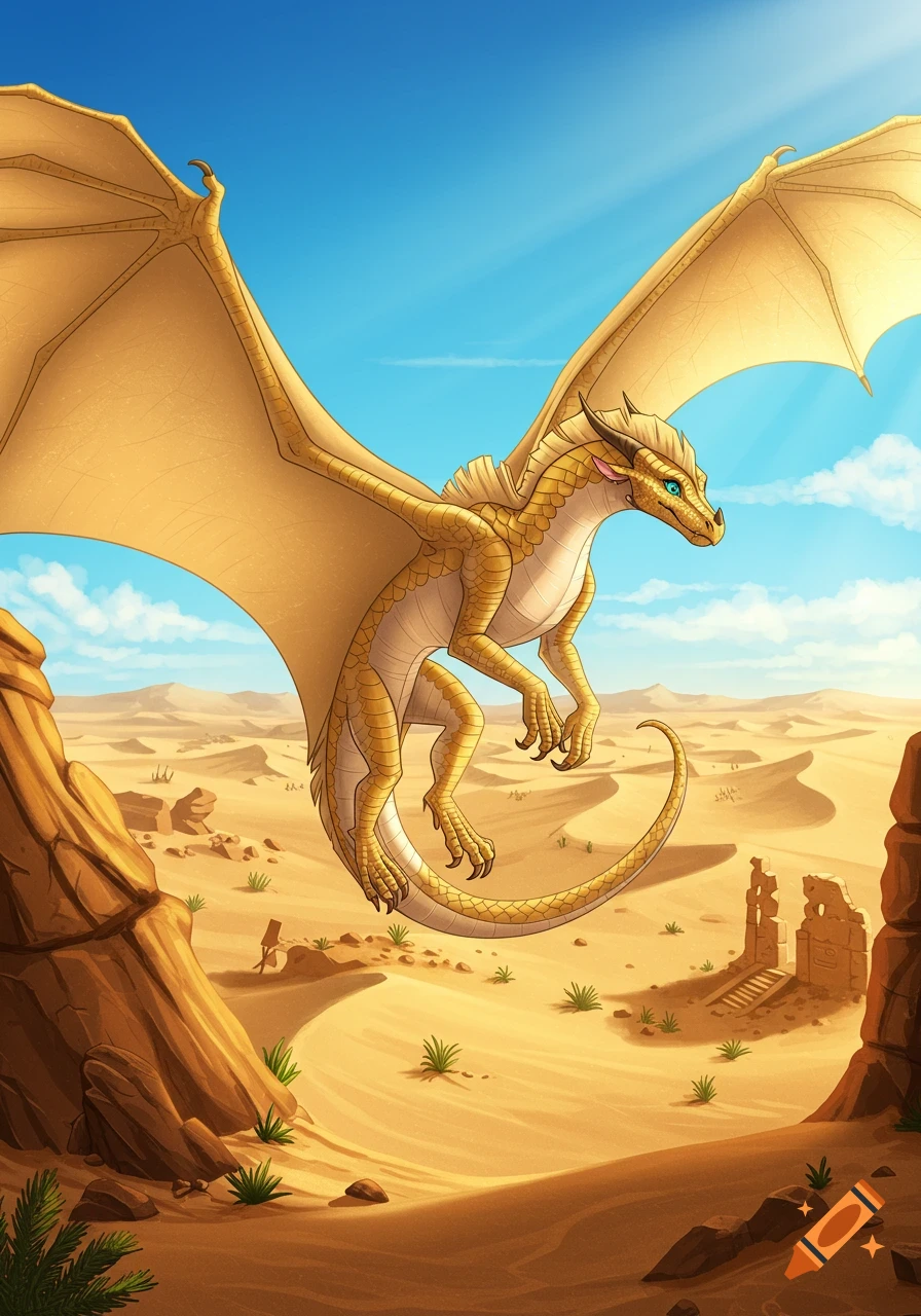 A detailed illustration of a golden dragon with large wings flying over a vast desert with sand dunes and rock formations under a clear blue sky.