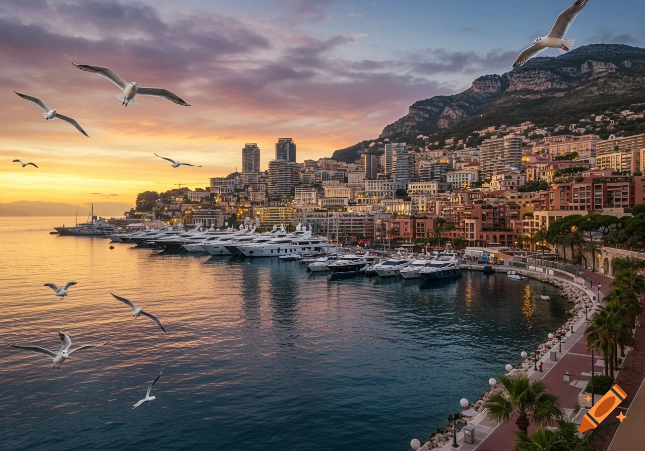 Photorealistic view of Port of Monaco at sunset, yachts docked in the harbor, city on hillside, and seagulls flying.