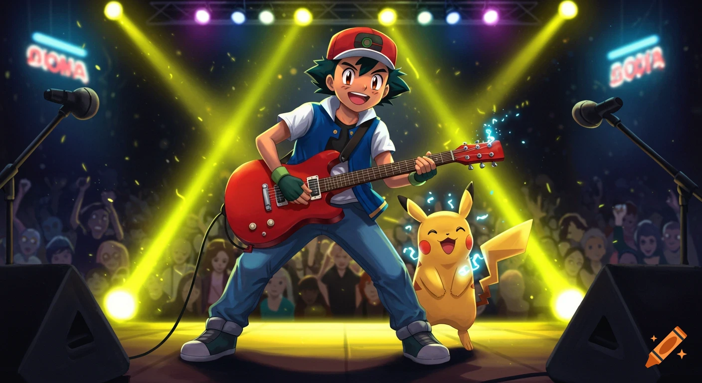 Ash Ketchum plays a red electric guitar on a brightly lit stage with Pikachu, glowing with electricity, beside him.