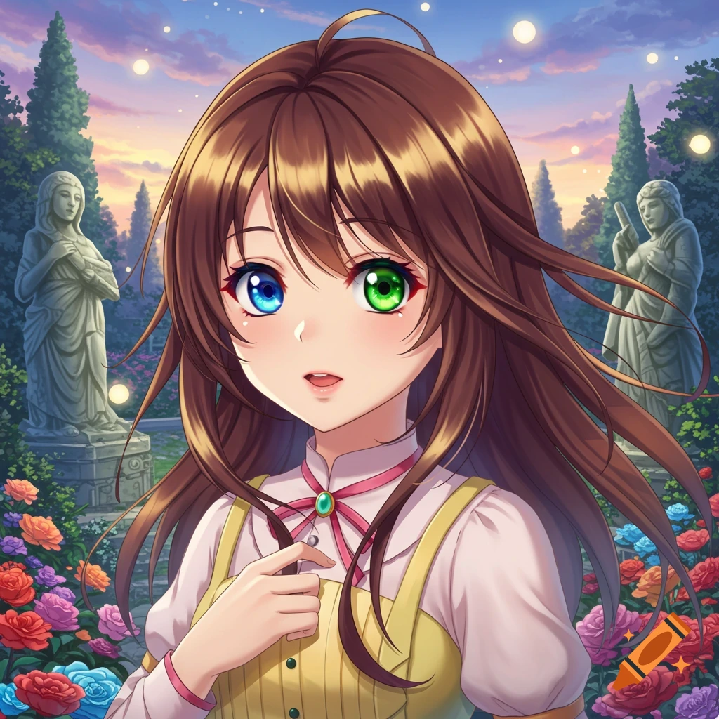 An anime girl with brown hair and heterochromia, one blue eye and one green eye, stands in a magical garden filled with colorful flowers and classical statues under a twilight sky.