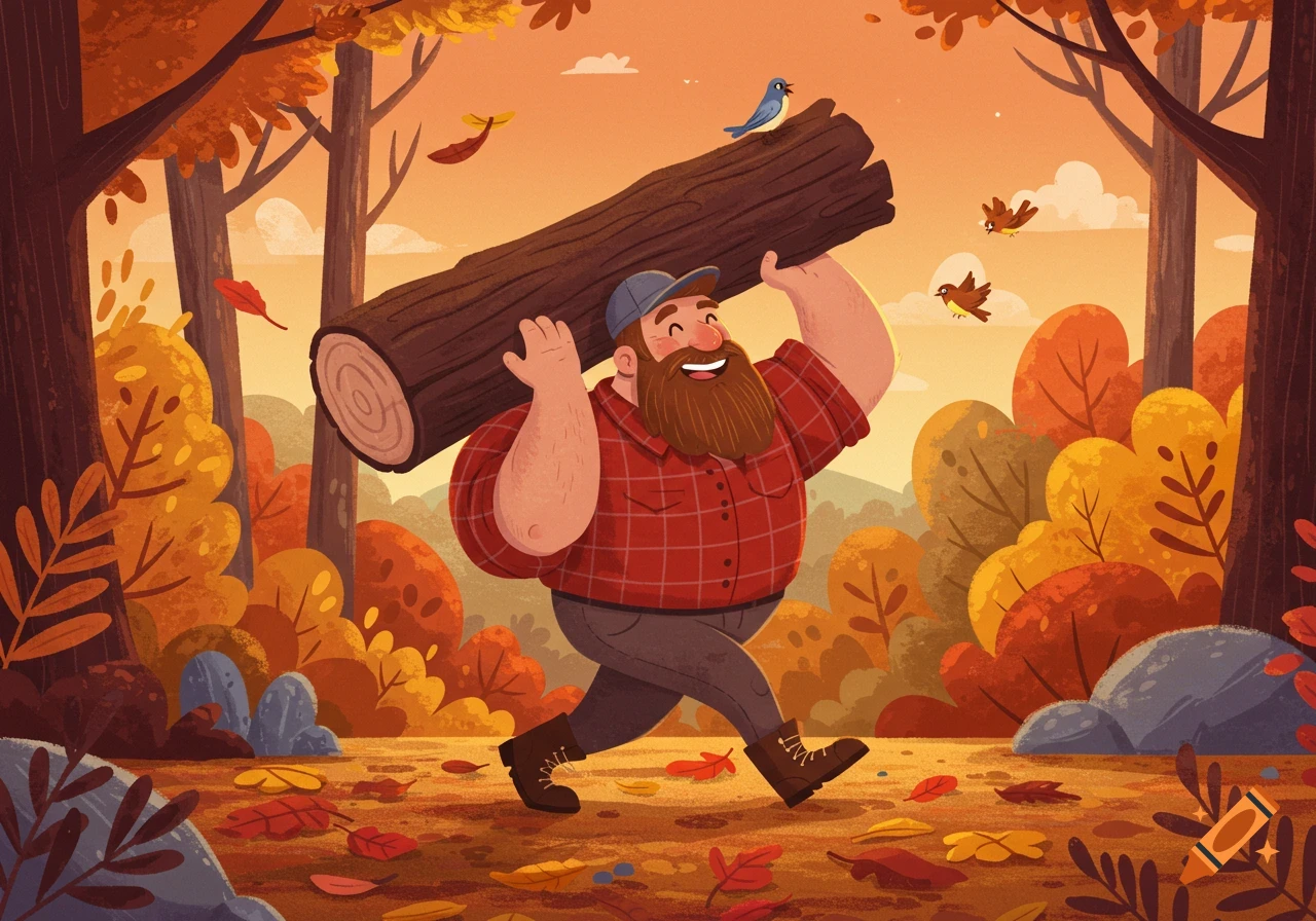 Happy cartoon lumberjack carries a log through a vibrant autumn forest with falling leaves and birds.