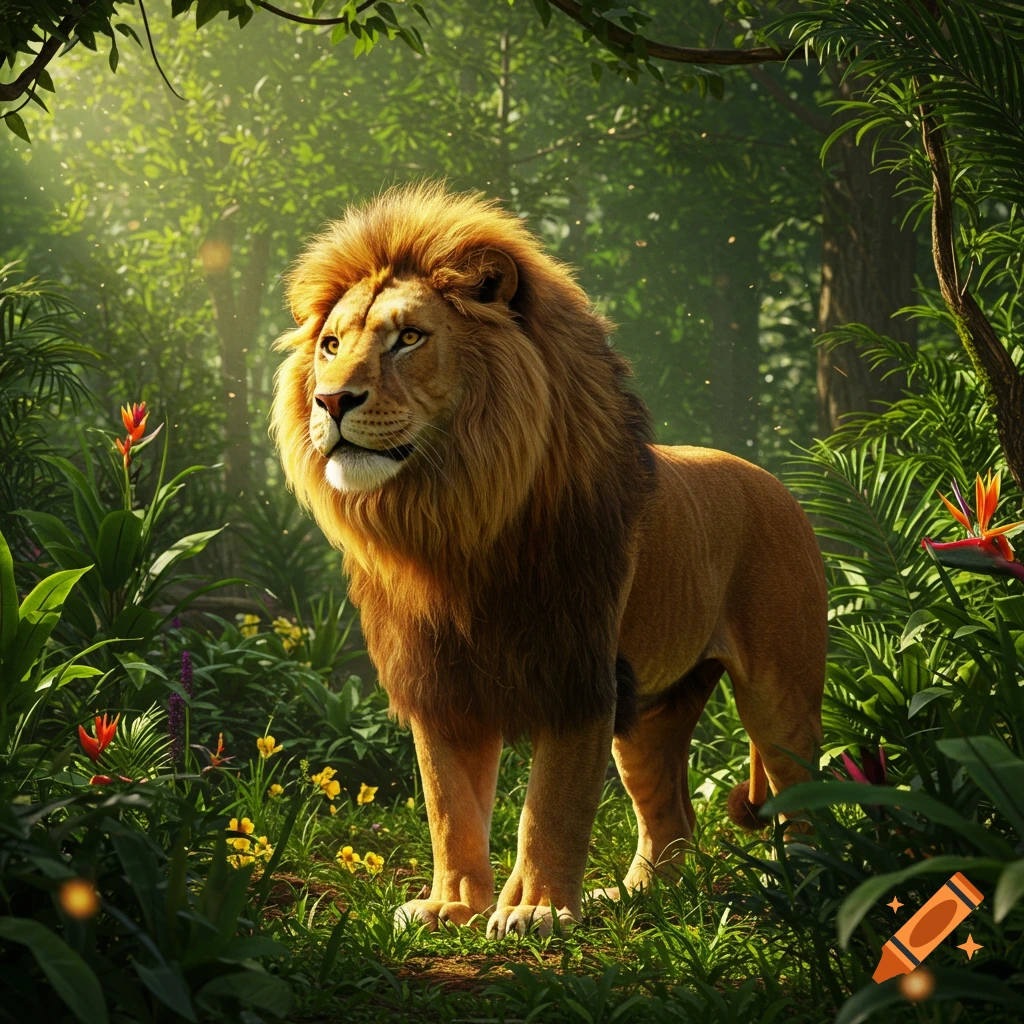 Photorealistic image of a majestic lion standing in a sun-dappled, lush green jungle.