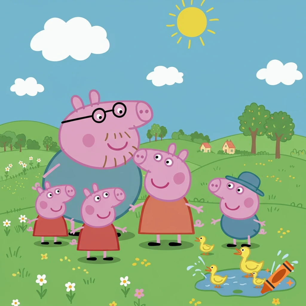 The Peppa Pig family, including Daddy Pig, Mummy Pig, Peppa, George, and another pig, play in a sunny green field with ducks by a pond.