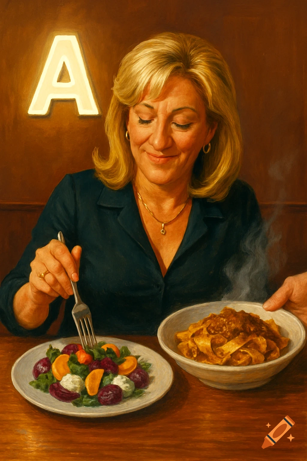 A blonde woman smiles, eating a colorful salad at a wooden table, with pasta served beside her and a glowing 'A' on the wall, in a painterly style.