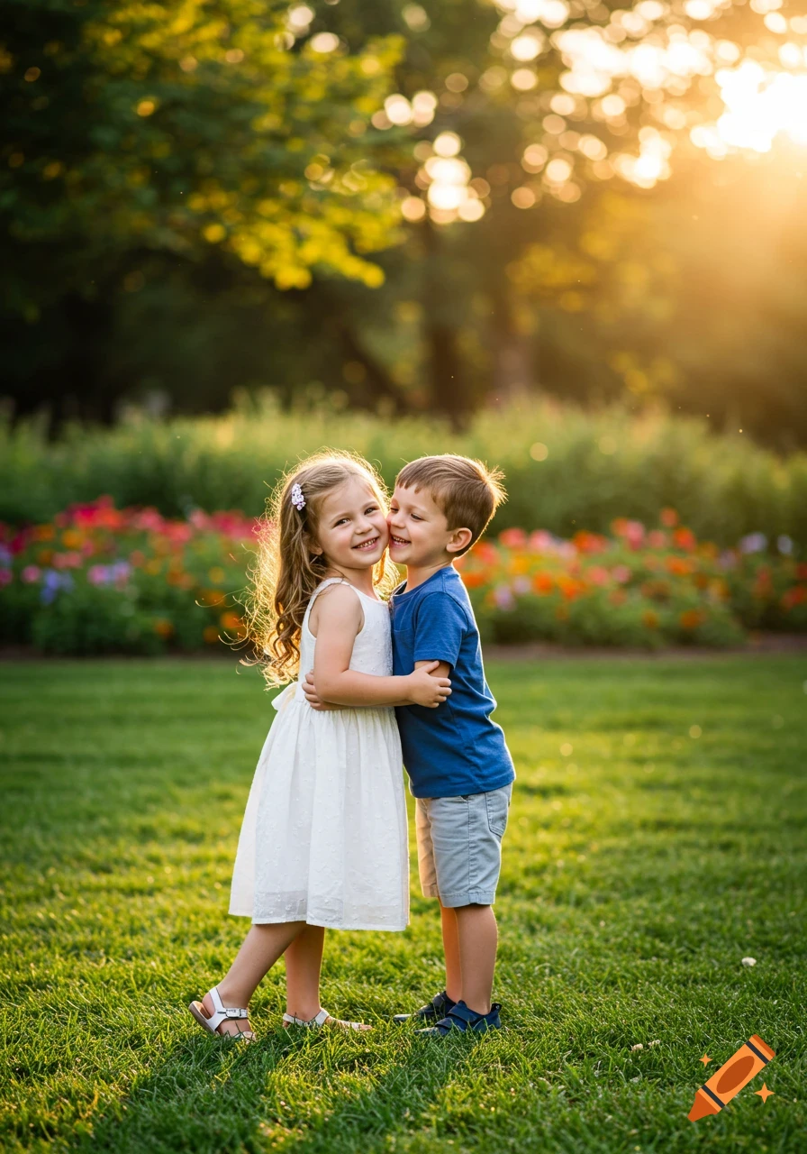 A happy young boy hugs a smiling young girl in a sunlit park with flowers and green grass.