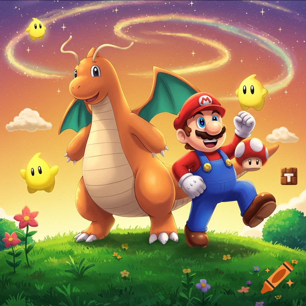 Mario and Dragonite stand together on a grassy hill under a vibrant sunset sky, surrounded by Luma stars, a mushroom, and colorful flowers.